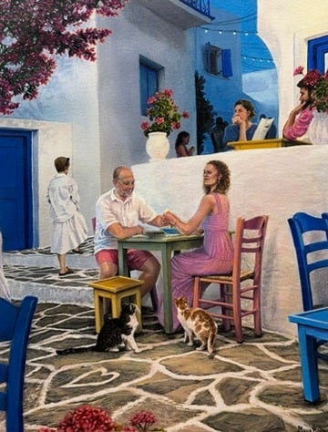 Painting of a Greek café scene
